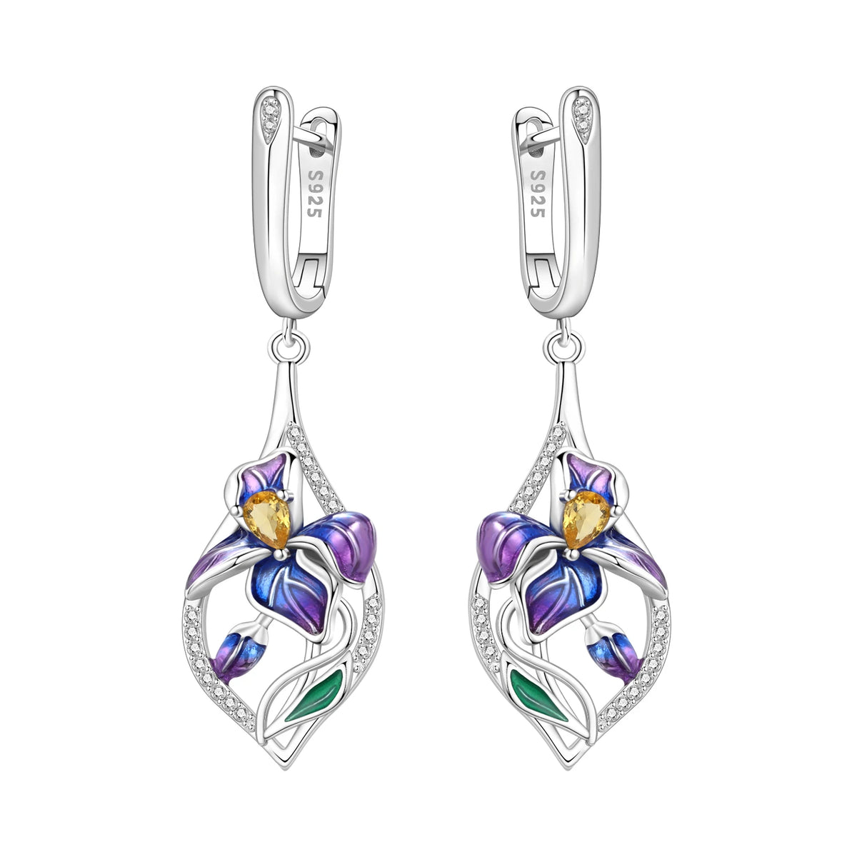 Iris Flower Sterling Silver Drop Earrings