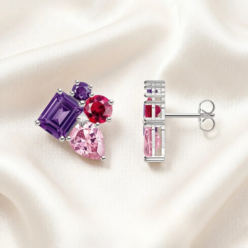 Pink & Violet Zircon Stud Earrings
