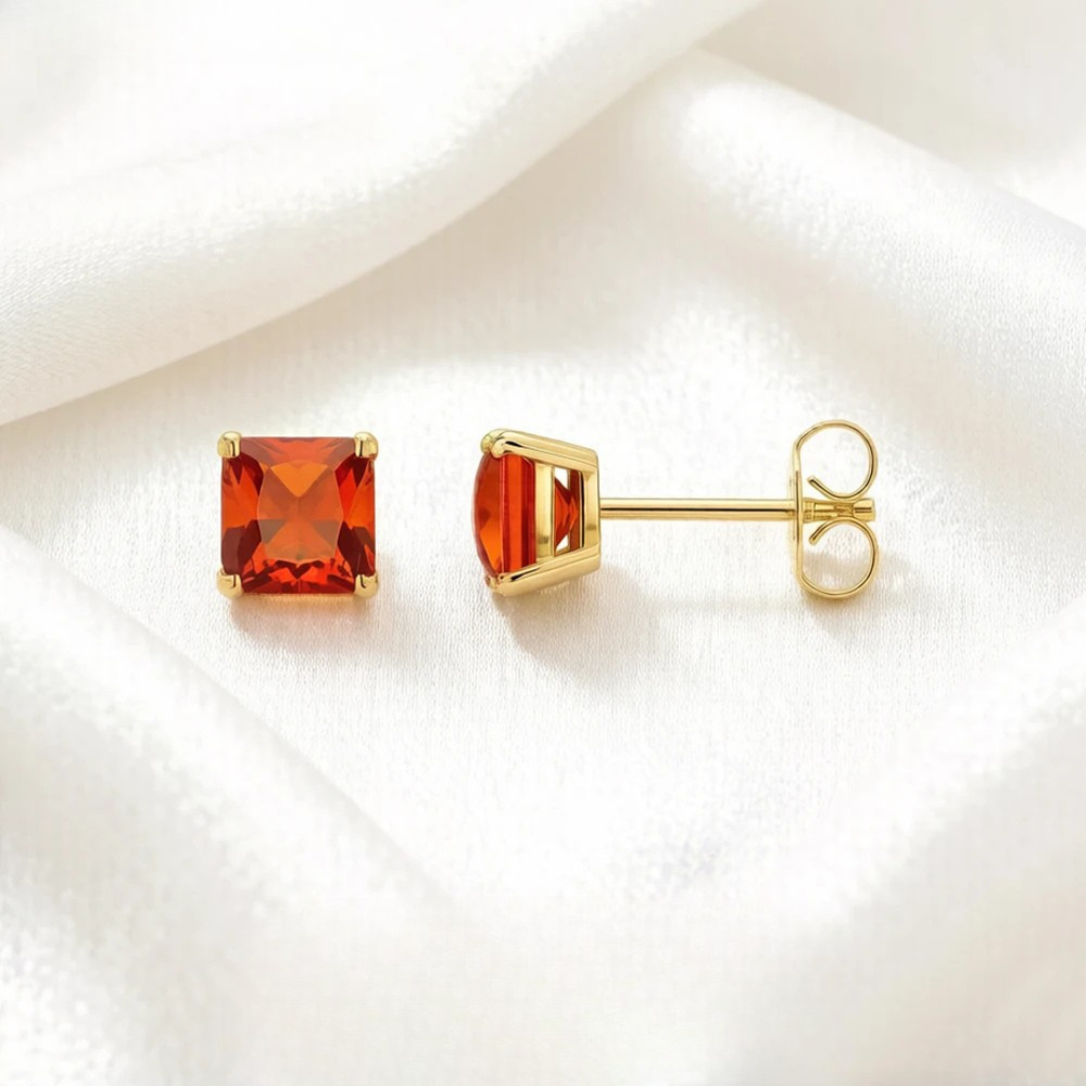 Orange Princess-Cut Zircon Stud Earrings