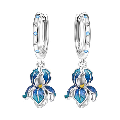 Iris Flower Sterling Silver Drop Earrings