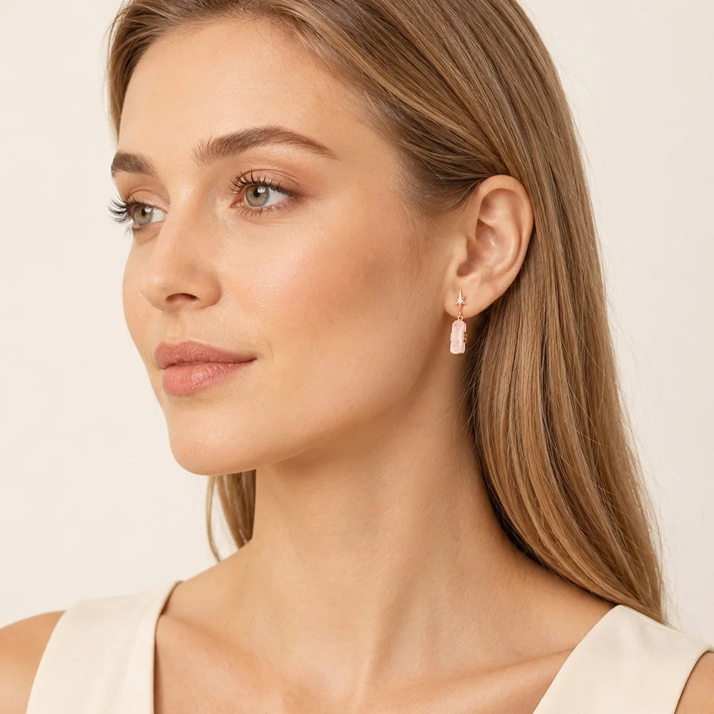 Rose Gold Star Pink Zircon Earrings
