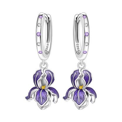Iris Flower Sterling Silver Drop Earrings