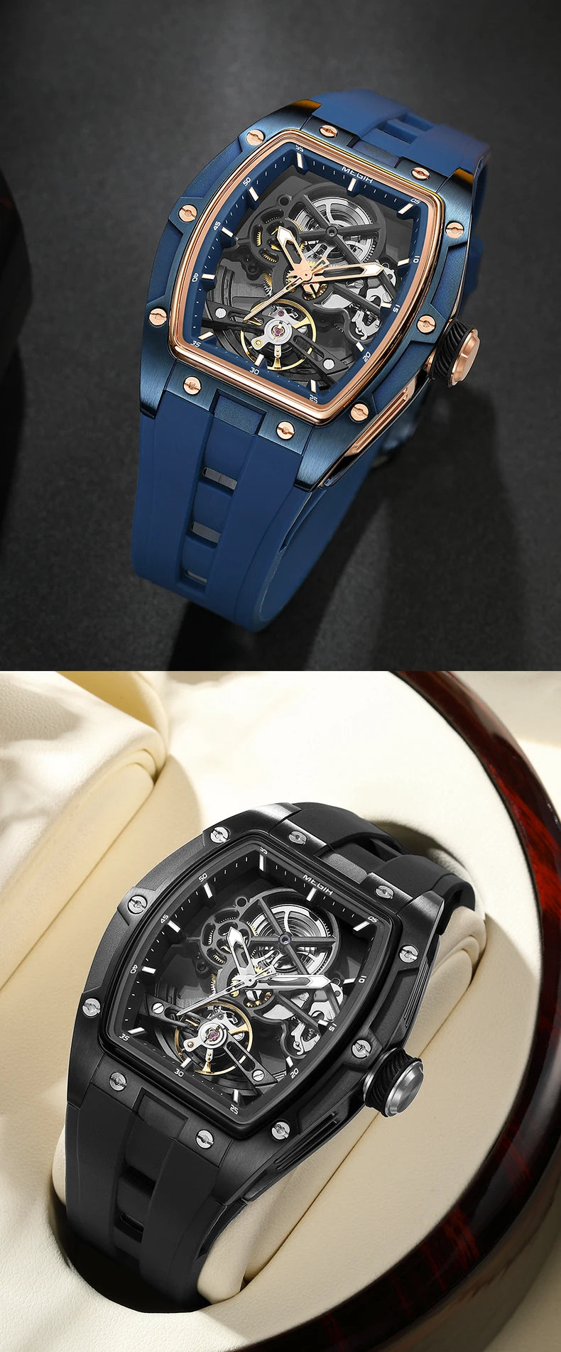 MEGIR 2242 Blue Skeleton Automatic Watch