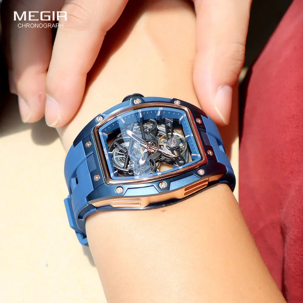 MEGIR 2242 Blue Skeleton Automatic Watch