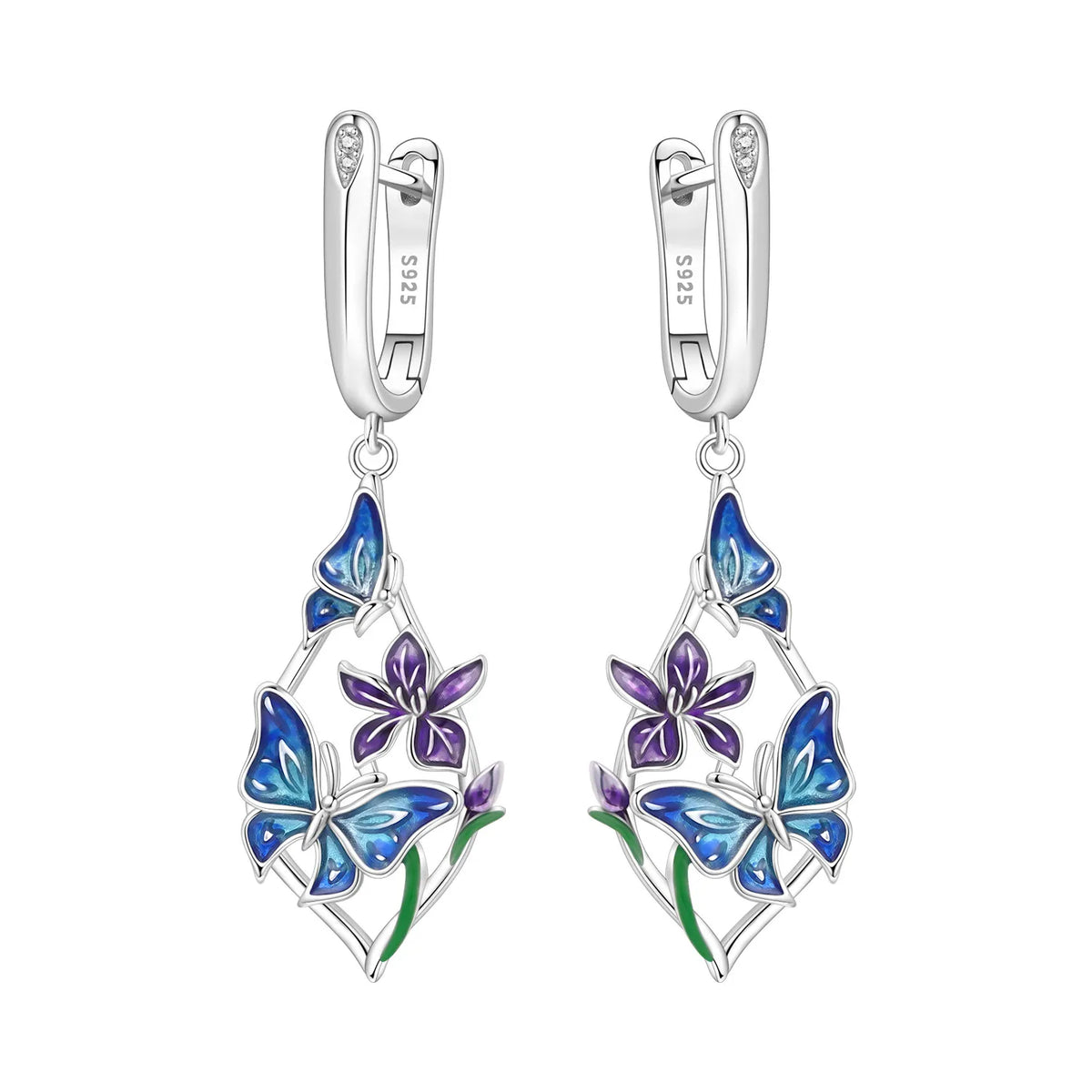 Iris Flower Sterling Silver Drop Earrings
