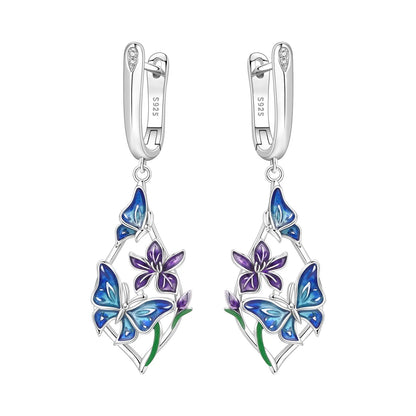 Iris Flower Sterling Silver Drop Earrings