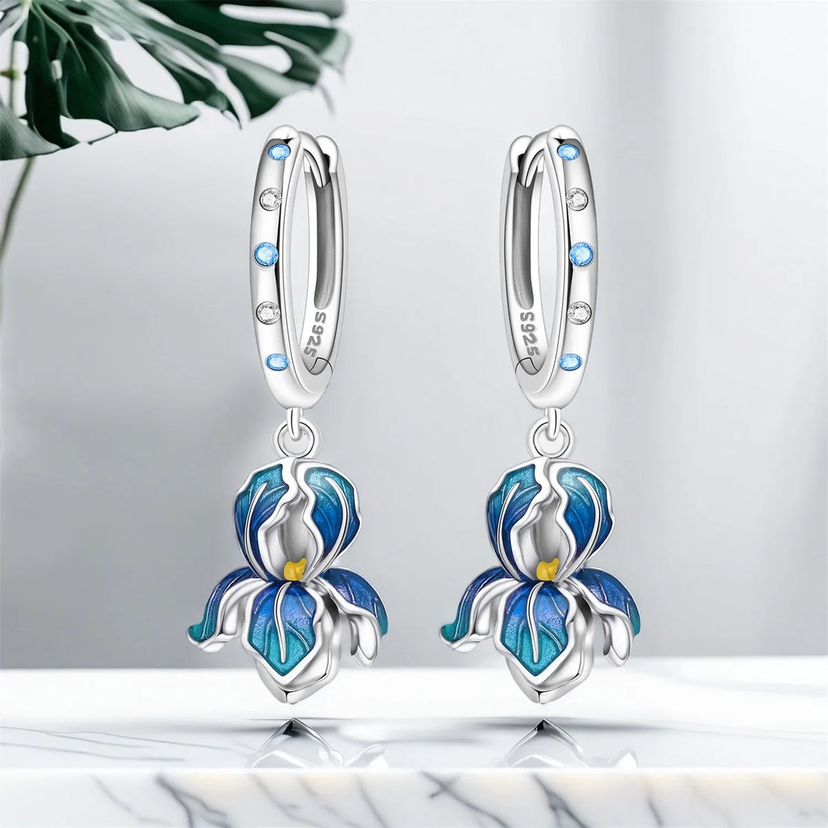 Iris Flower Sterling Silver Drop Earrings