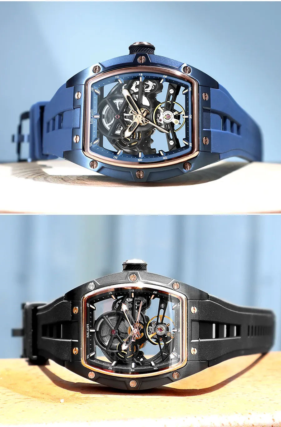 MEGIR 2242 Blue Skeleton Automatic Watch