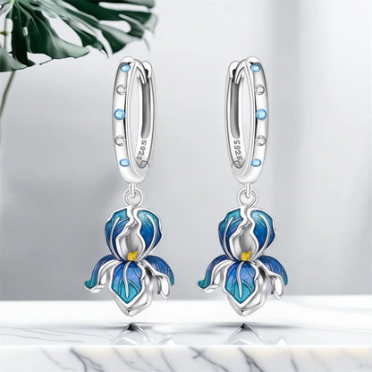 Iris Flower Sterling Silver Drop Earrings