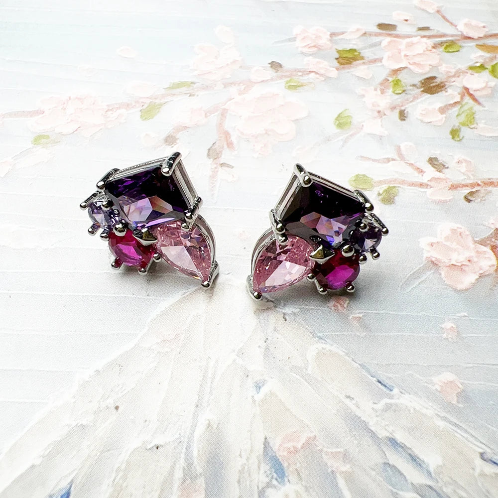 Pink & Violet Zircon Stud Earrings