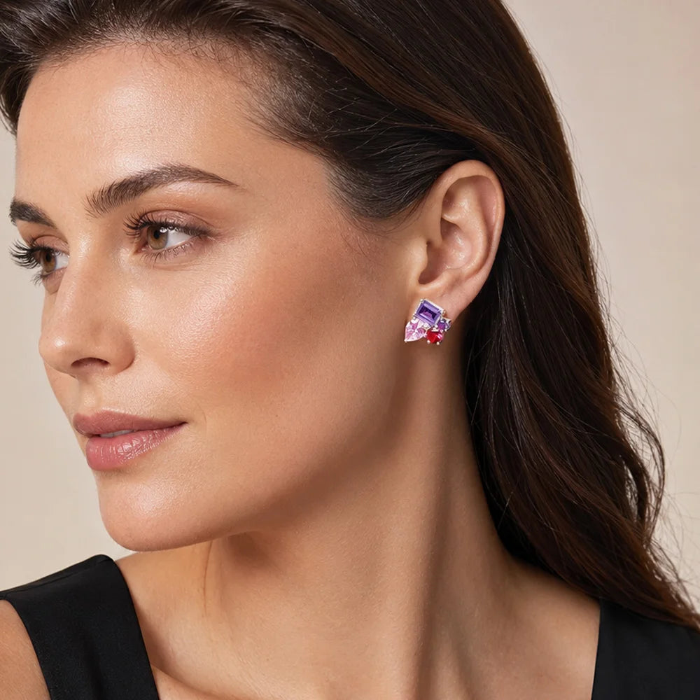Pink & Violet Zircon Stud Earrings