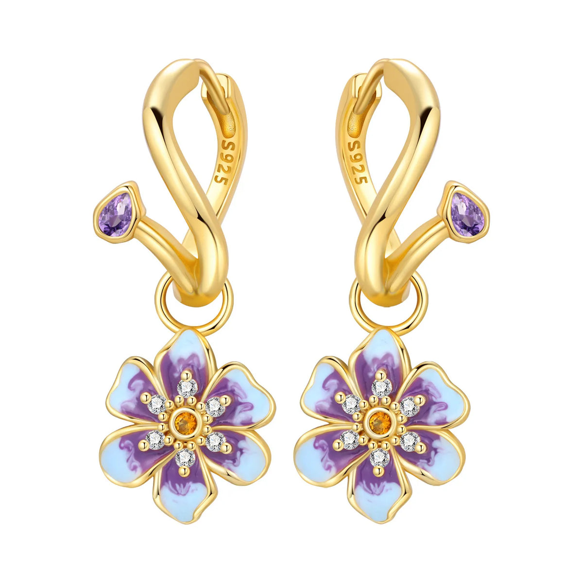 Iris Flower Sterling Silver Drop Earrings