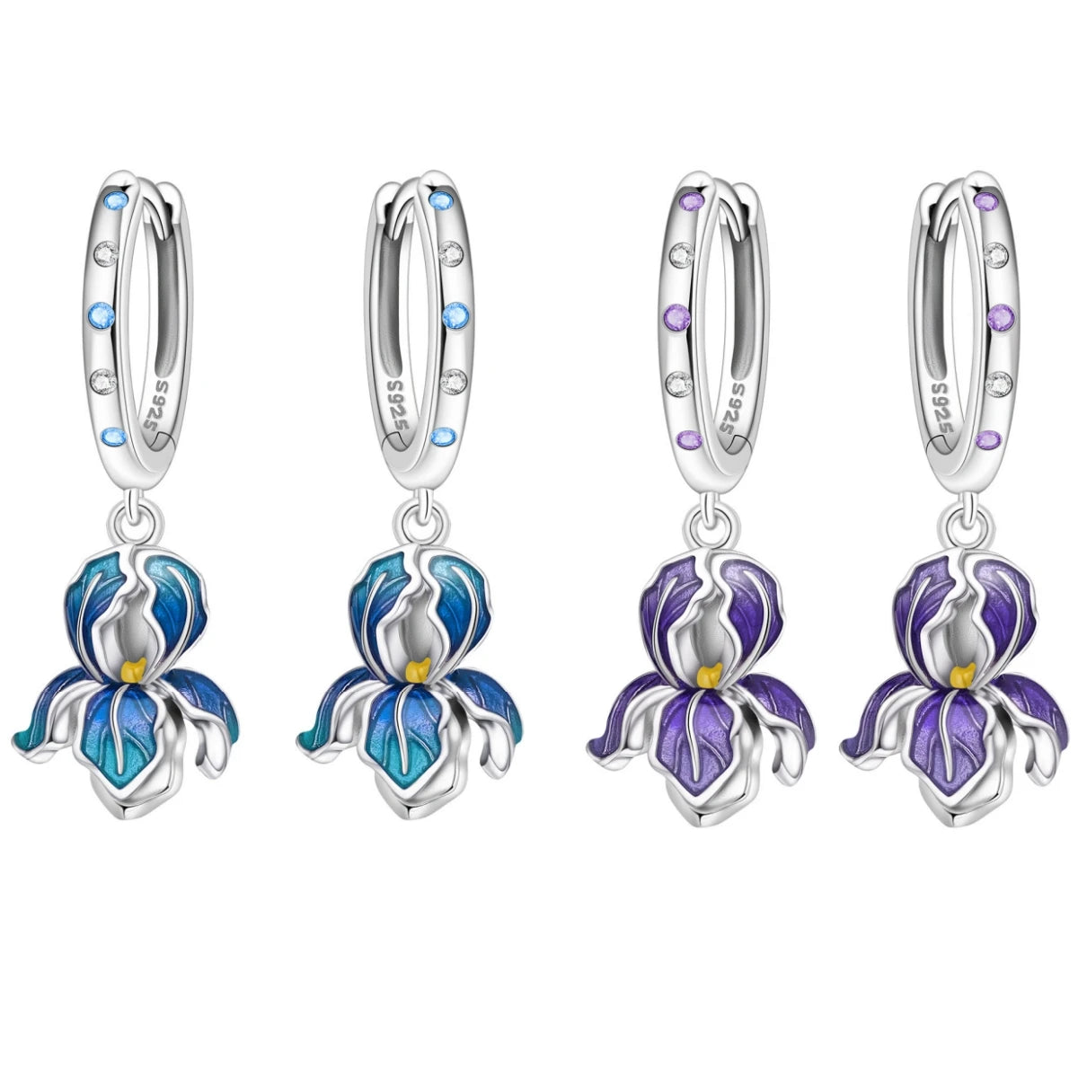 Iris Flower Sterling Silver Drop Earrings