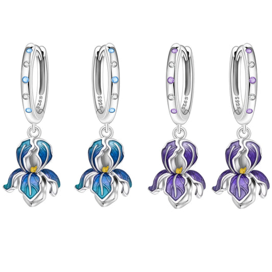 Iris Flower Sterling Silver Drop Earrings